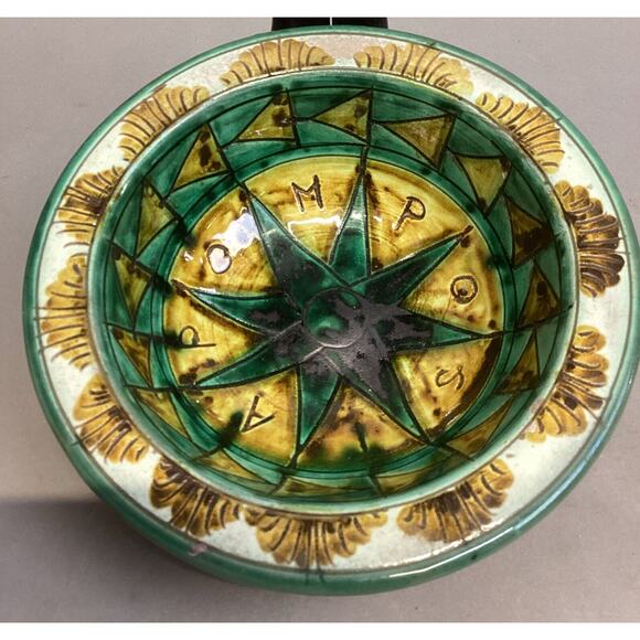 Handmade Green & Yellow Pottery Bowl - 2”Hx7”D - Picture 1 of 8